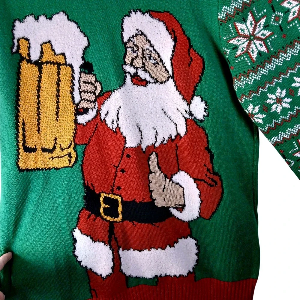 Ugly Christmas Sweater Mens Large Santa Beer Drink Christmas Holiday‎ Knit